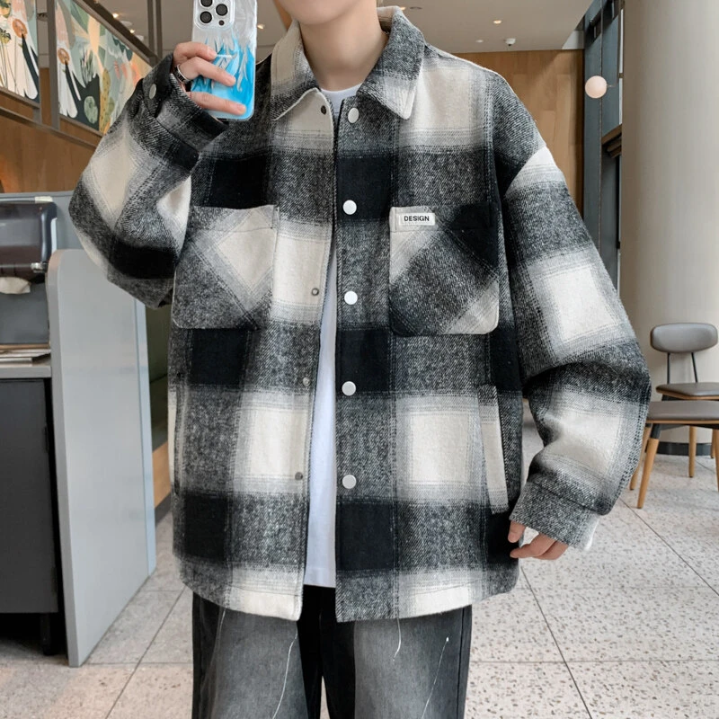 春秋季新款格子外套男潮牌休闲宽松翻领夹克男装青少年痞帅上衣服