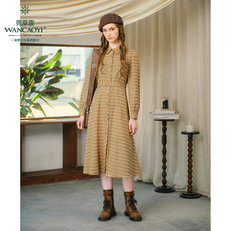 菀壹女文艺复古格纹连衣裙纯棉收腰显瘦中长裙Q01220431