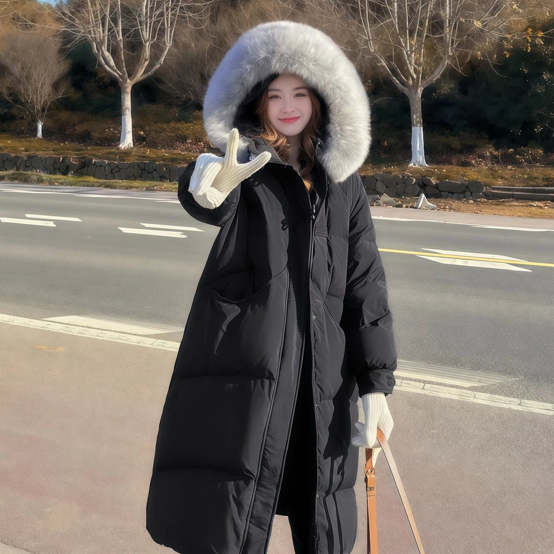 大毛领盘扣长款过膝羽绒棉服女加厚秋冬季新款宽松显瘦棉袄外套潮