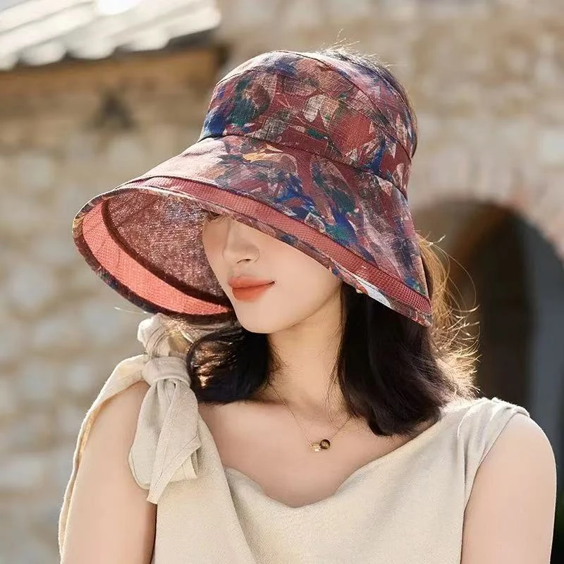 2025新款韩版单款环绕式国风户外遮阳帽透气大沿防晒帽树叶太阳帽