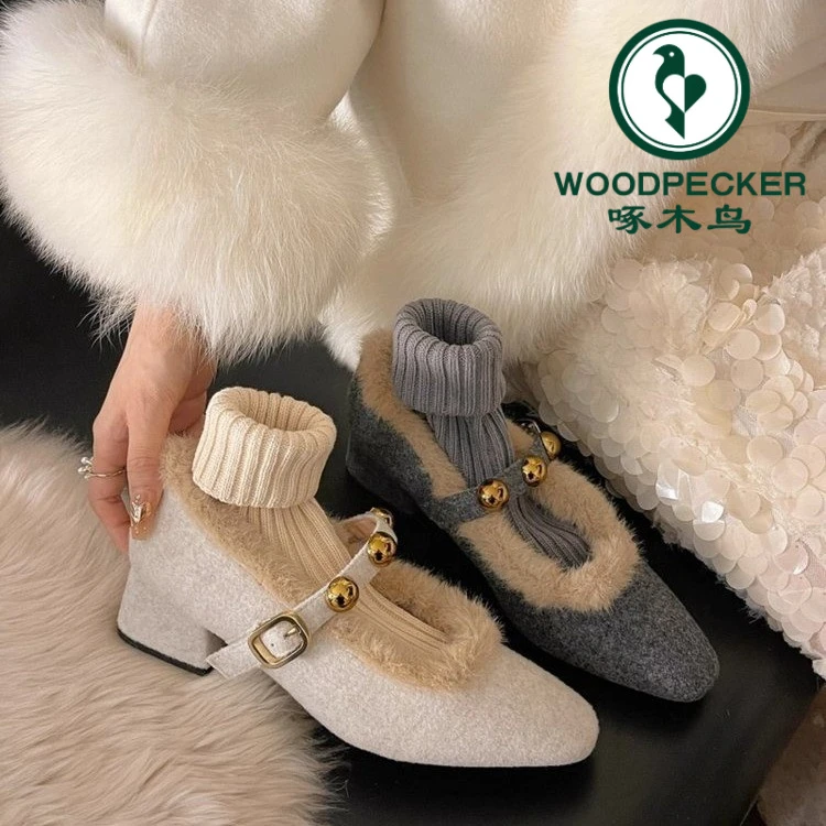 啄木鸟法式加绒保暖玛丽珍棉鞋加厚女2025冬季新款粗跟一字带鞋