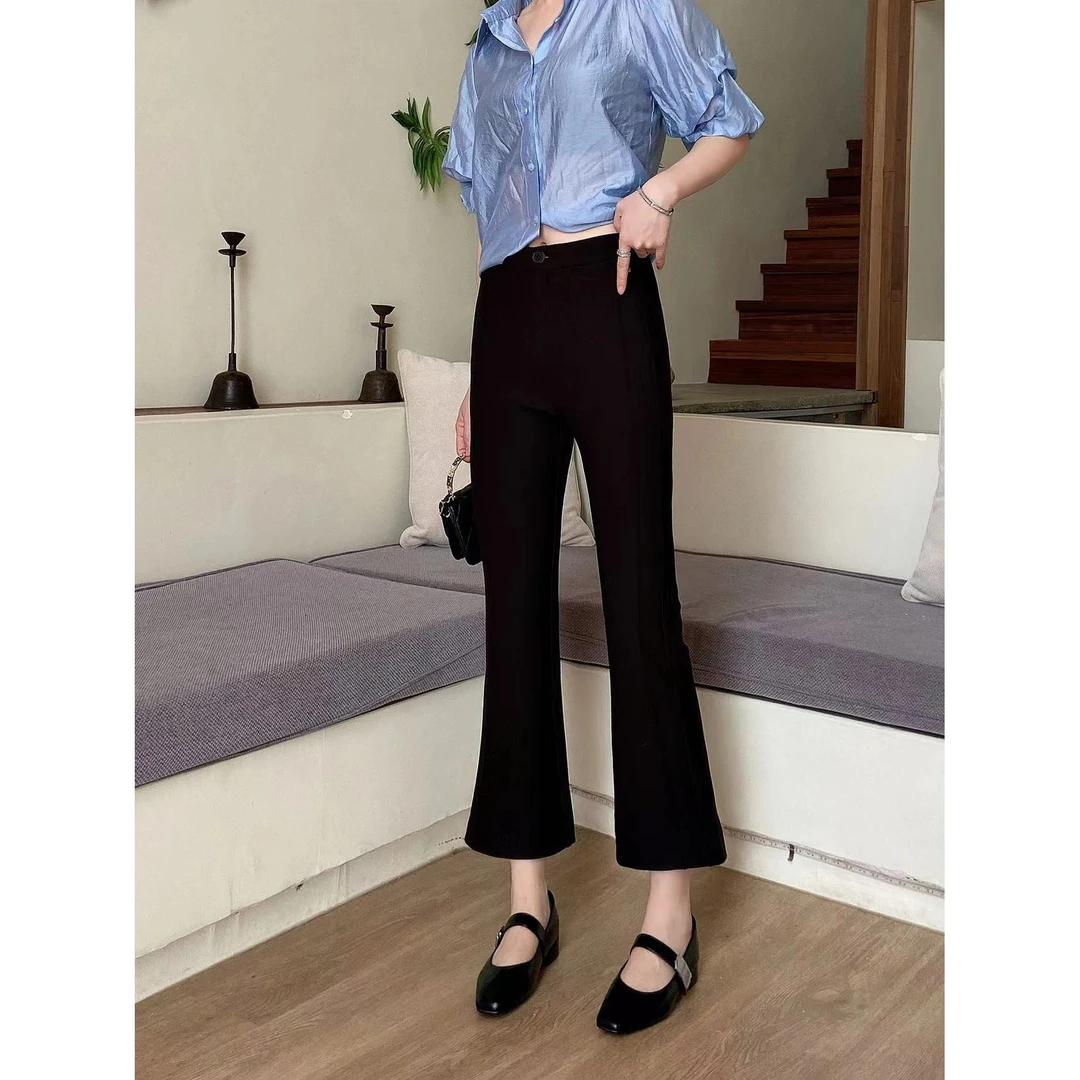 KIKI严选：2031-N家欧洲站春季新款时尚高腰显瘦九分微喇裤