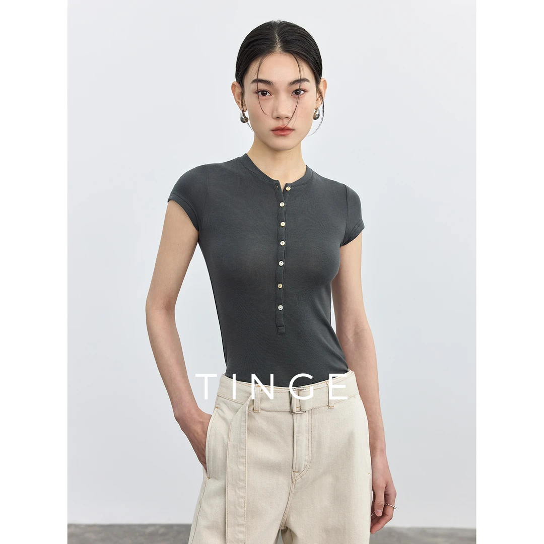 贴己亨利领短款上衣短袖紧身显瘦olT恤时尚修身打底衫夏季elsissi