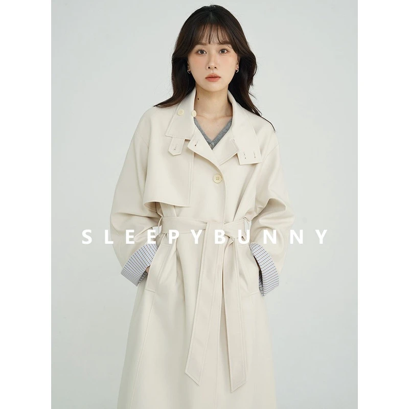 瞌睡兔格雷灰立领宽松复古垂坠风衣女单排扣过膝长款气质拼接外套