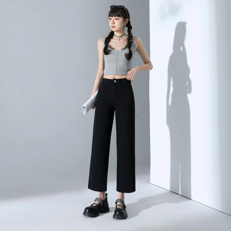 艾格九分直筒牛仔裤女2025夏季新款经典黑高腰显瘦百搭奶奶裤时尚