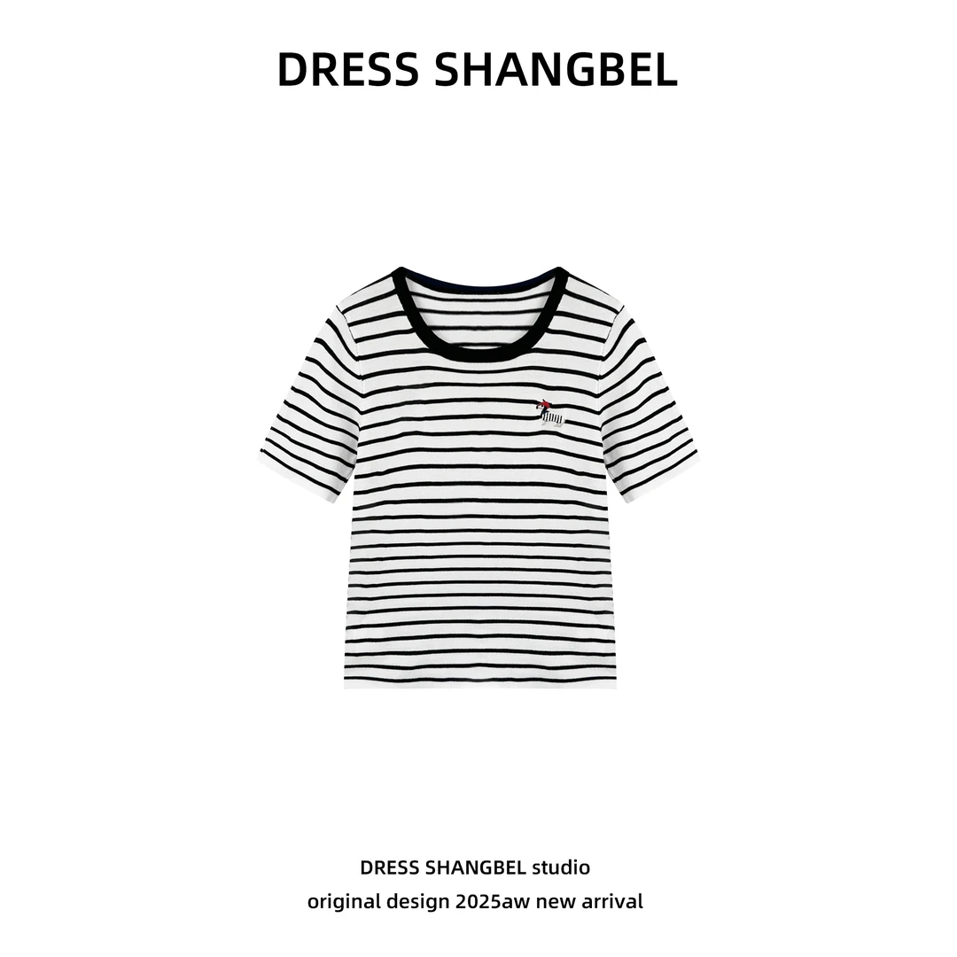DRESS-新品C60撞色圆领条纹小狗宽松显瘦短袖针织衫5015