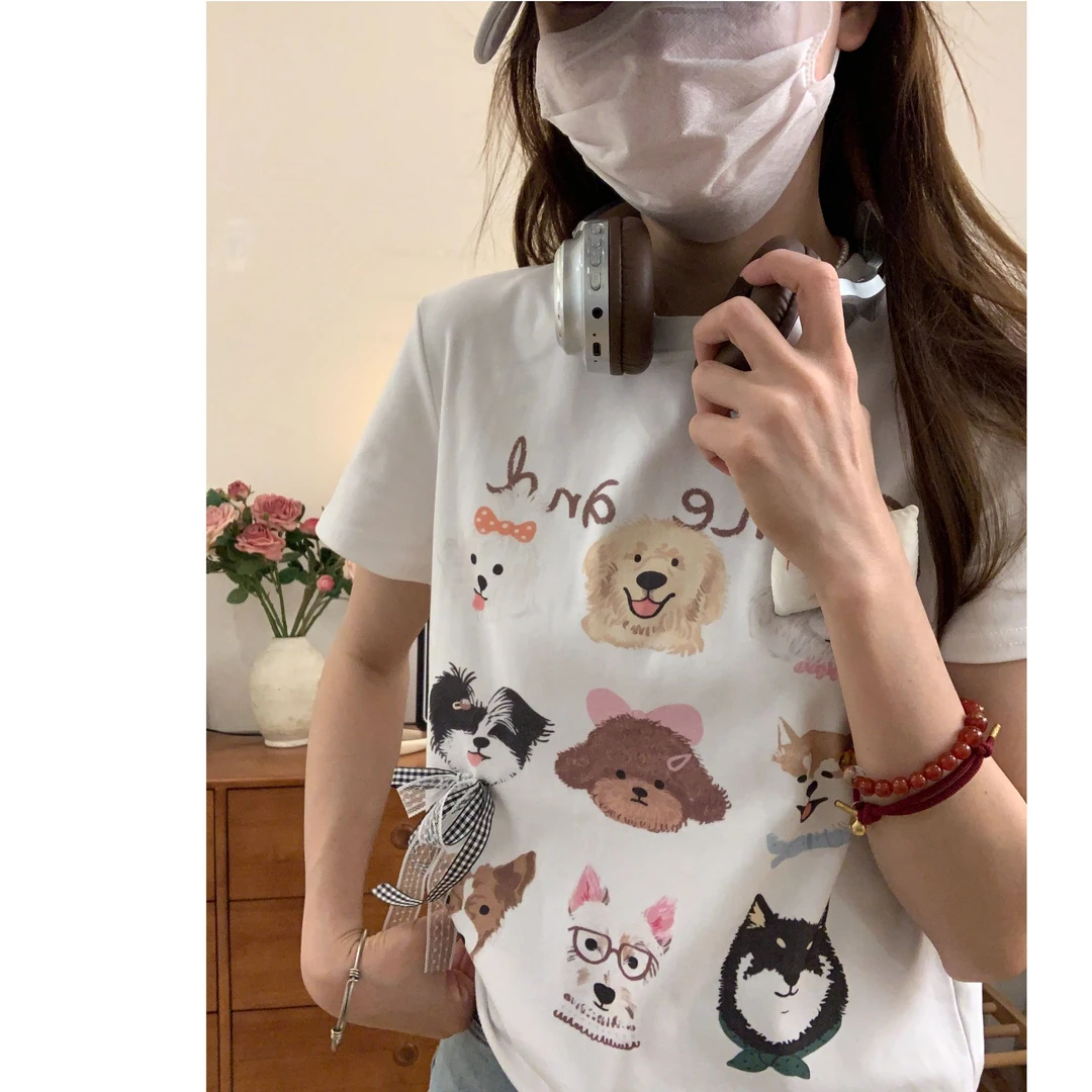 夏喷画小狗蝴蝶结小版修身短袖T恤女(配胸针)  320