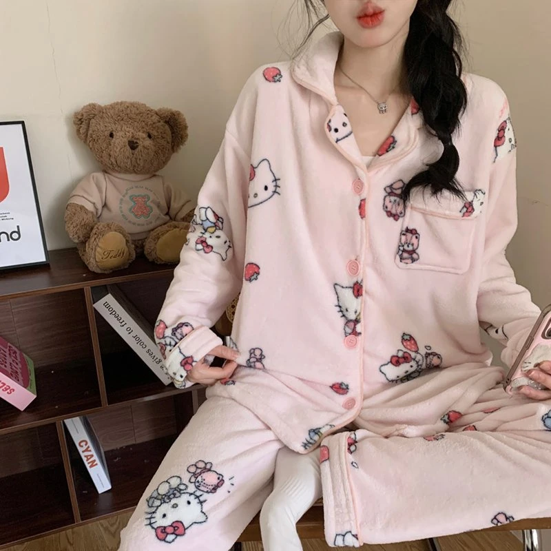 加绒加厚睡衣女秋冬季黄格子轻松熊鼻孔鸡卡通学生保暖家居服套装