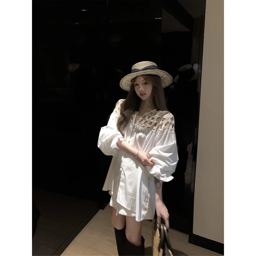 实拍实价编织水溶绣领复古荷叶边衬衫女+亚麻短裤套装法式显瘦