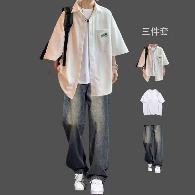 华夫格衬衫套装夏季宽松男装一套潮流牛仔裤痞帅潮牌时尚短袖衬衣