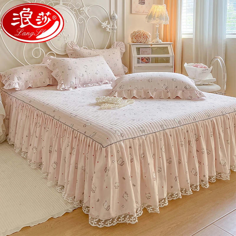 浪莎最新款夹棉床笠式床裙二合一单件床罩带裙边全包防滑四季通用