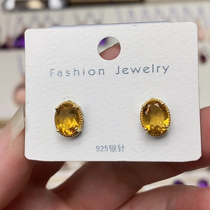 黄晶耳钉银S925镶嵌耳钉