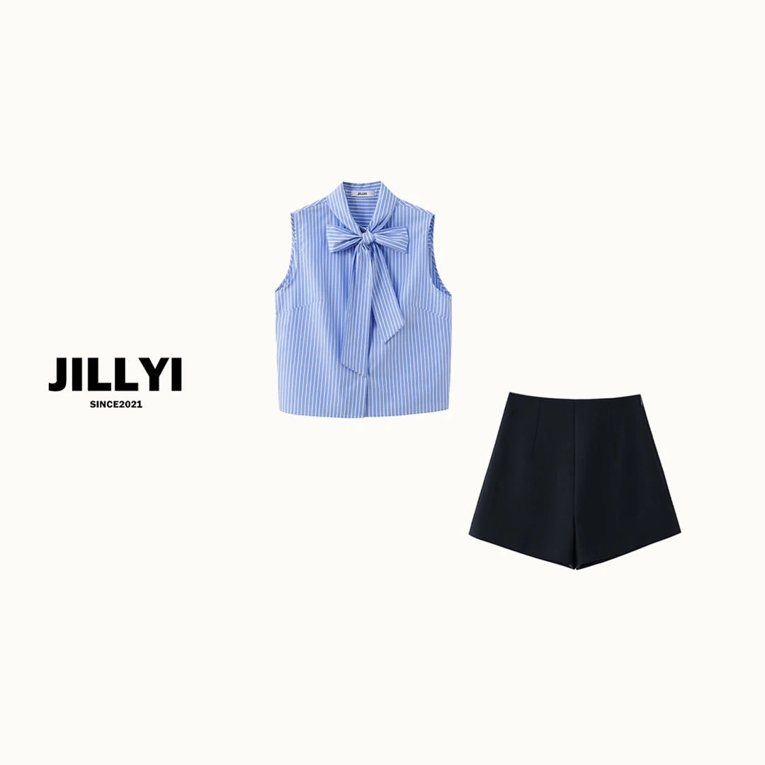 JILLYI南山店【蓝调调色盘】+【冬季暖风短裤】蓝白条纹衬衫+简约短裤
