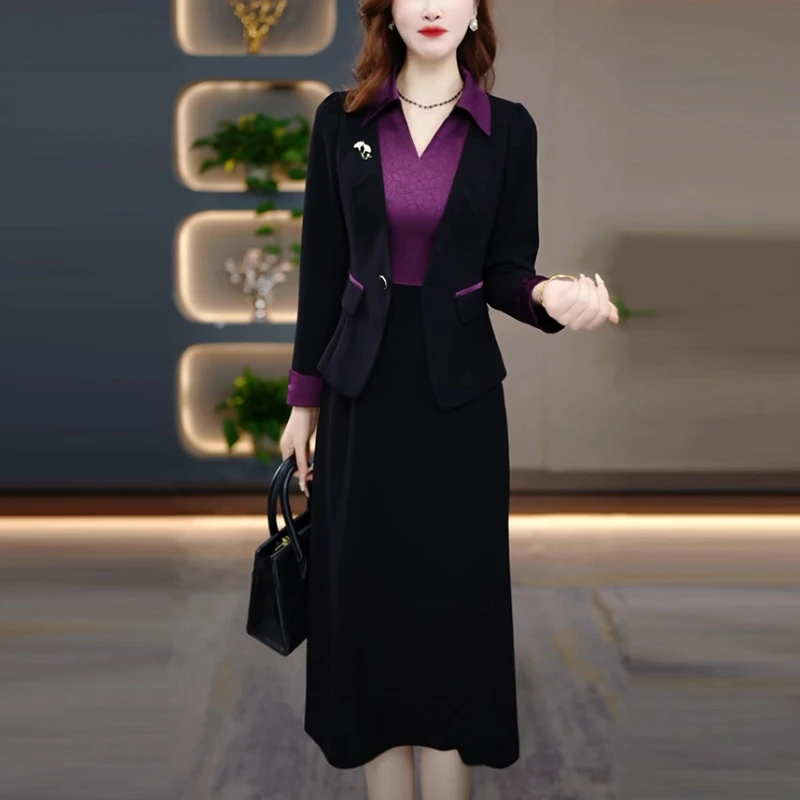 四面弹名媛高贵女装2025秋季新款长袖女神范中长款假两件连衣裙子