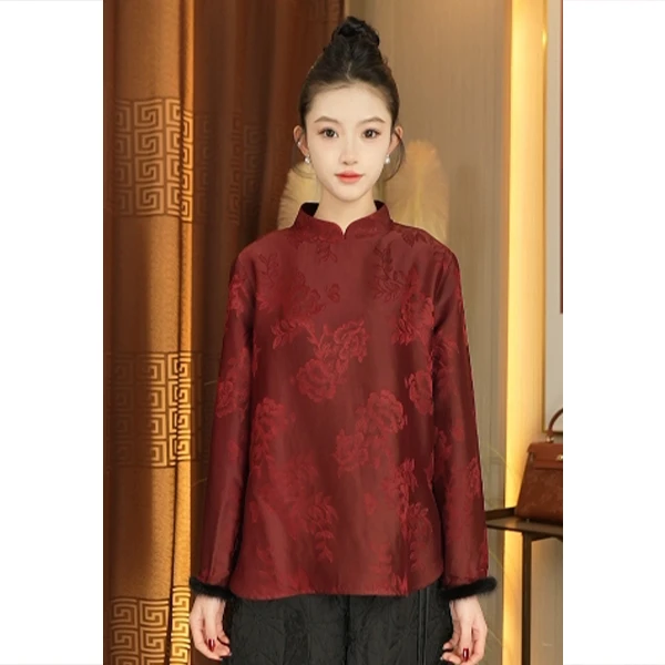 【林典】5188-3新中式缎面织花香云纱水貂毛拼接上衣