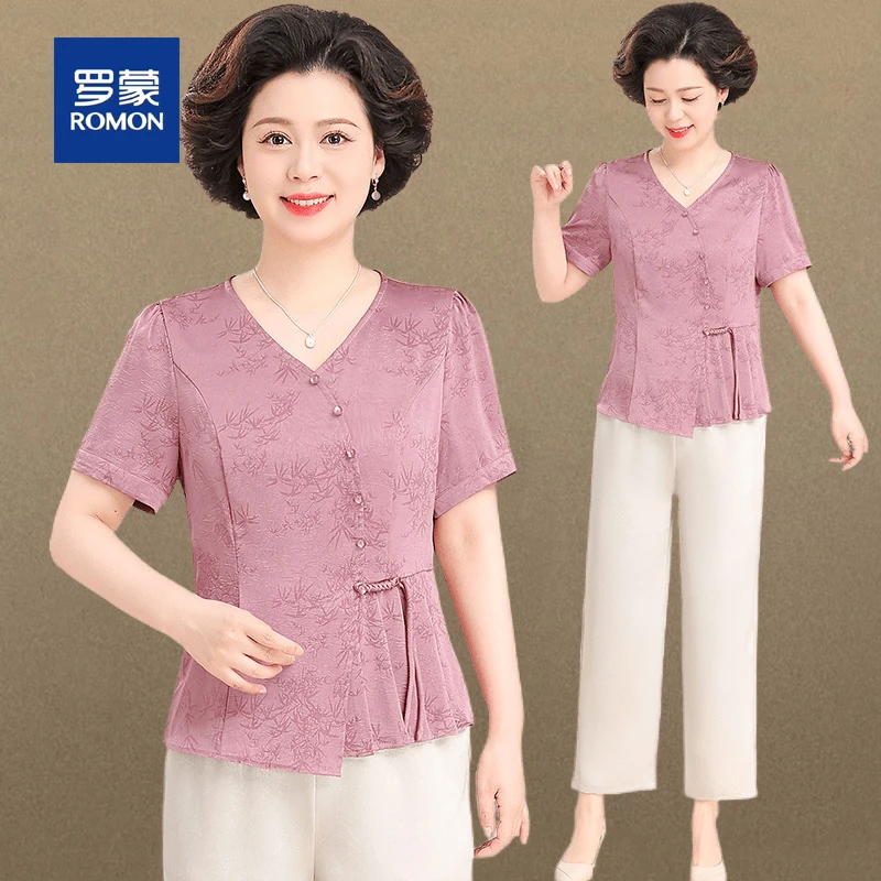 罗蒙中年妈妈夏装中式套装2025新款中老年女装国风短袖小衫两件套