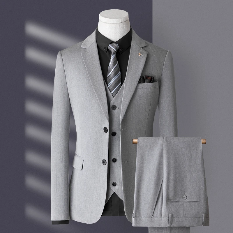 汤米灰色西装套装男修身礼服新郎婚礼西服三件套商务面试职业正装