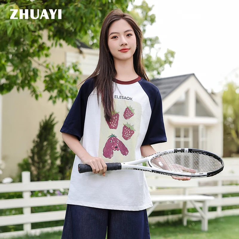 朱阿姨女大童草莓字母短袖【纯棉】夏款青少年圆领T恤（25212430）