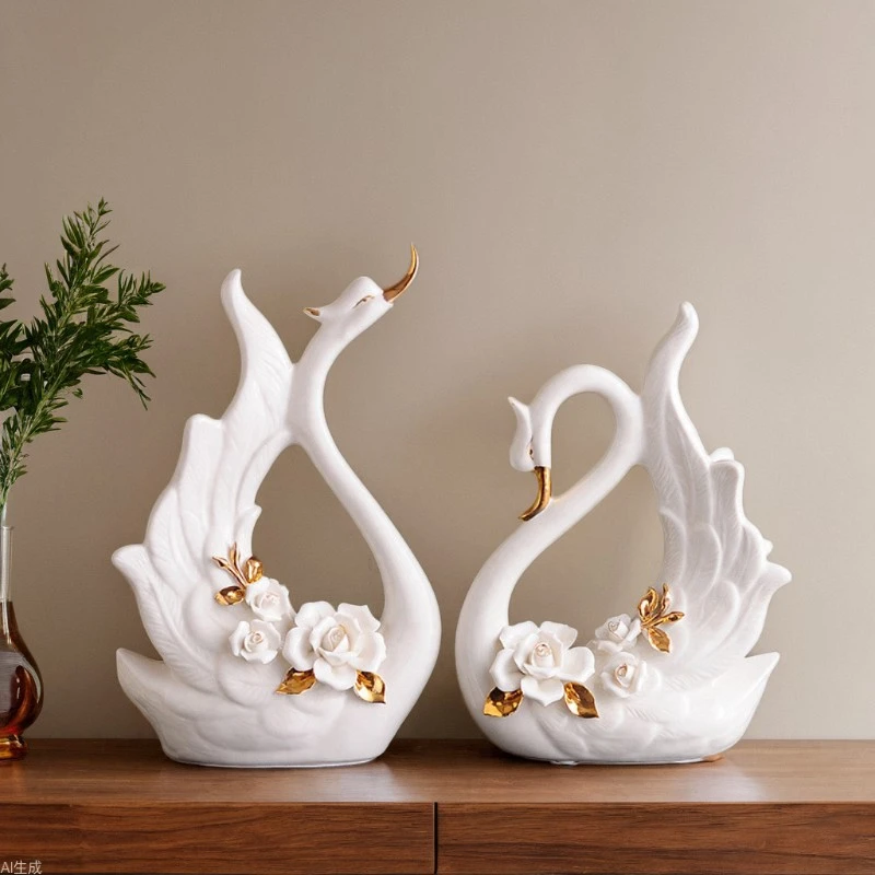 欧式陶瓷天鹅摆件现代创意家居客厅电视柜酒柜装饰品闺蜜结婚礼物