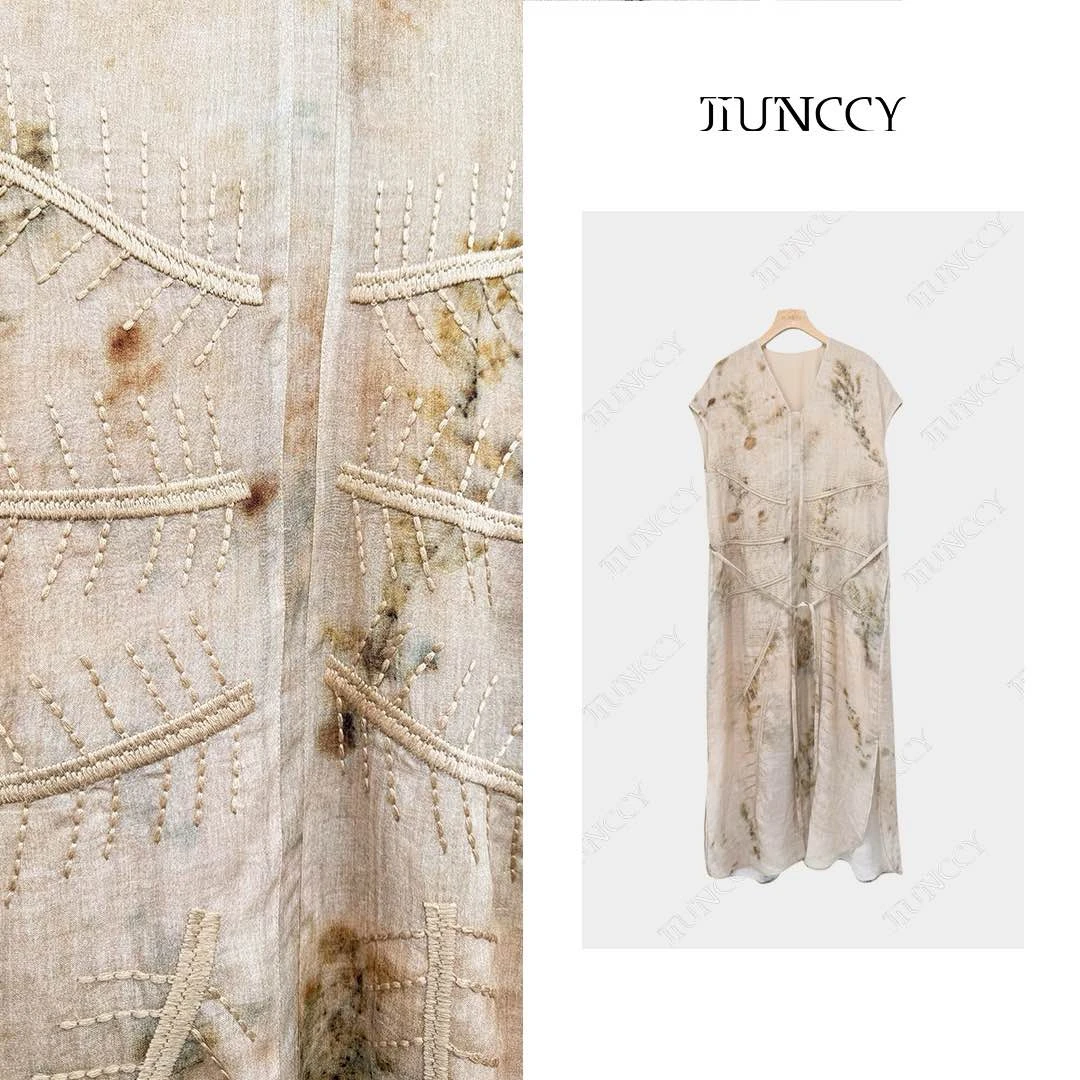 JIUNCCY【古香】苎麻手工植物拓染重工棉绳刺绣纹理连衣裙52YLYQ011