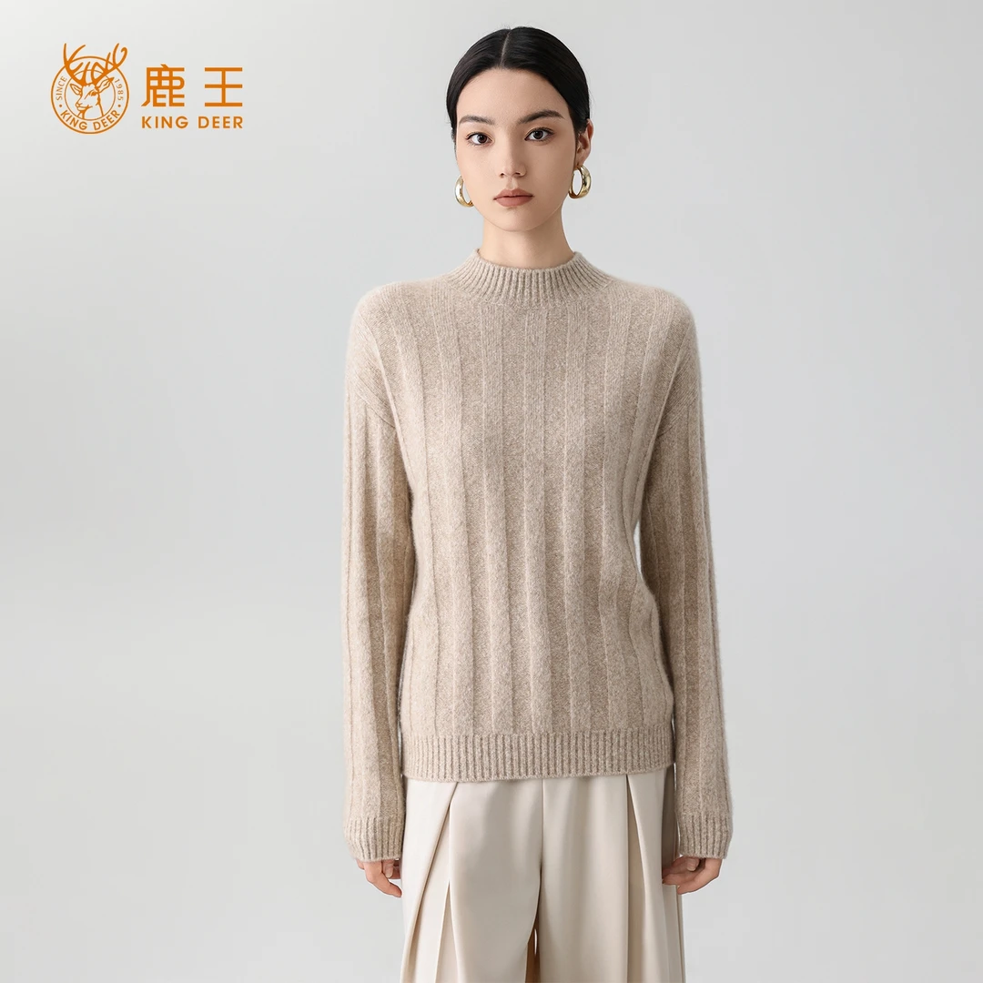 鹿王25秋冬新款女半高领100小山羊绒休闲坑条针织套衫 厚 PS190