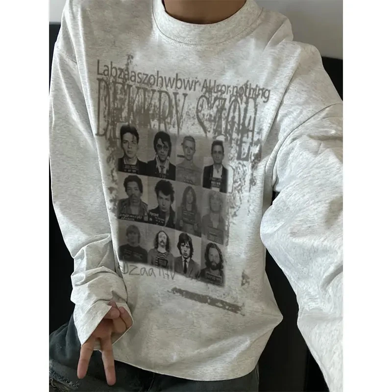 美式ins人物图案印花长袖T恤男生秋冬季个性纯棉圆领打底上衣服