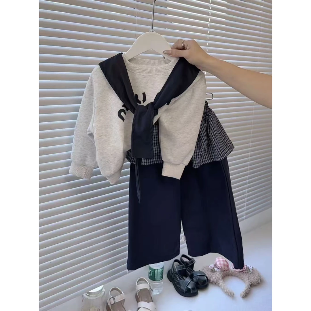 女童屁帘直筒裤套装2025秋季童装儿童宝宝韩版甜酷阔腿裤套装