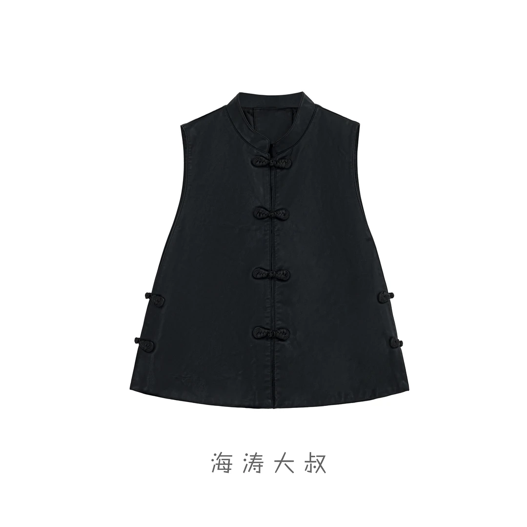 【海涛大叔】「伦敦午后」新中式水洗皮国风盘扣立领短款马甲MJA941