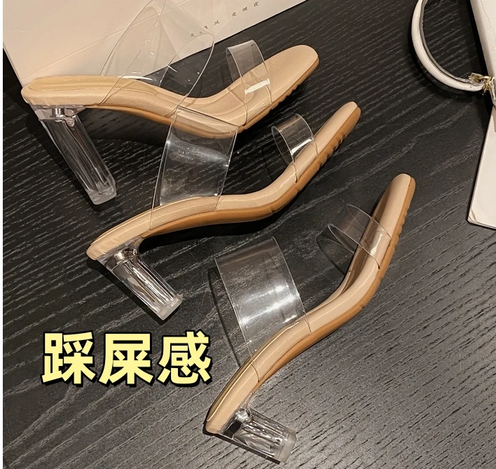 十三行女鞋~踩屎感透明粗跟凉鞋女夏季法式仙女风外穿水晶凉拖鞋