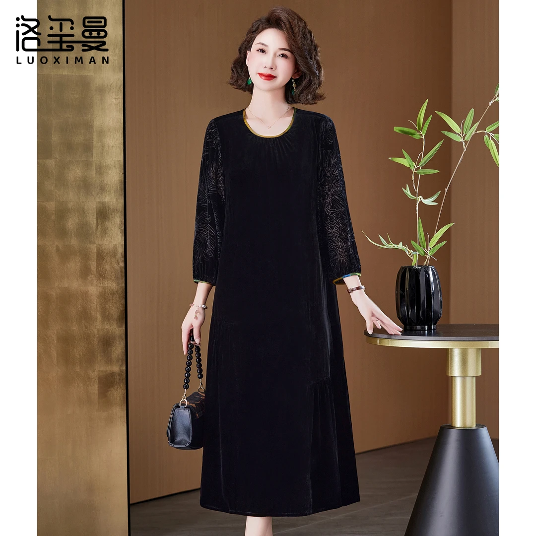 洛玺曼品牌真丝绒连衣裙中年气质女装高级感春季妈妈桑蚕丝中长裙