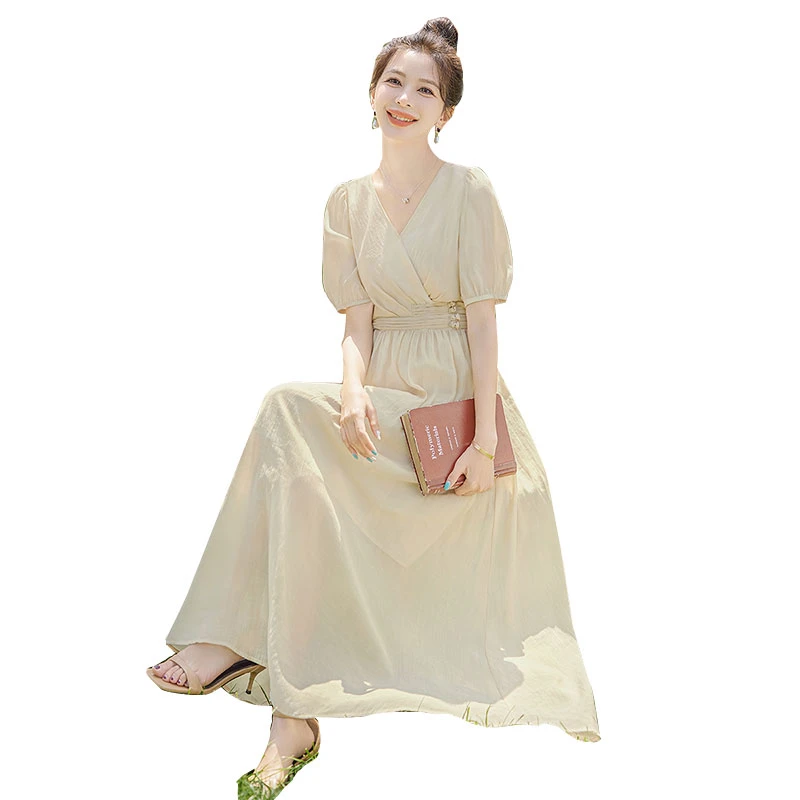 丝柏舍2025夏装新款女装时尚泡泡袖气质V领长款连衣裙S42B1582LA