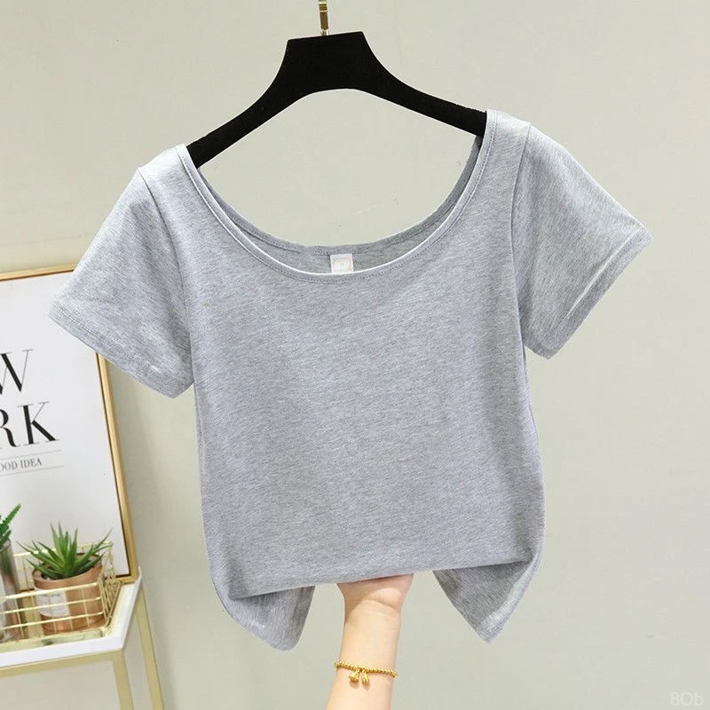 纯棉百搭短袖T恤女露背修身显瘦半袖上衣低领打底衫经典基础款U领