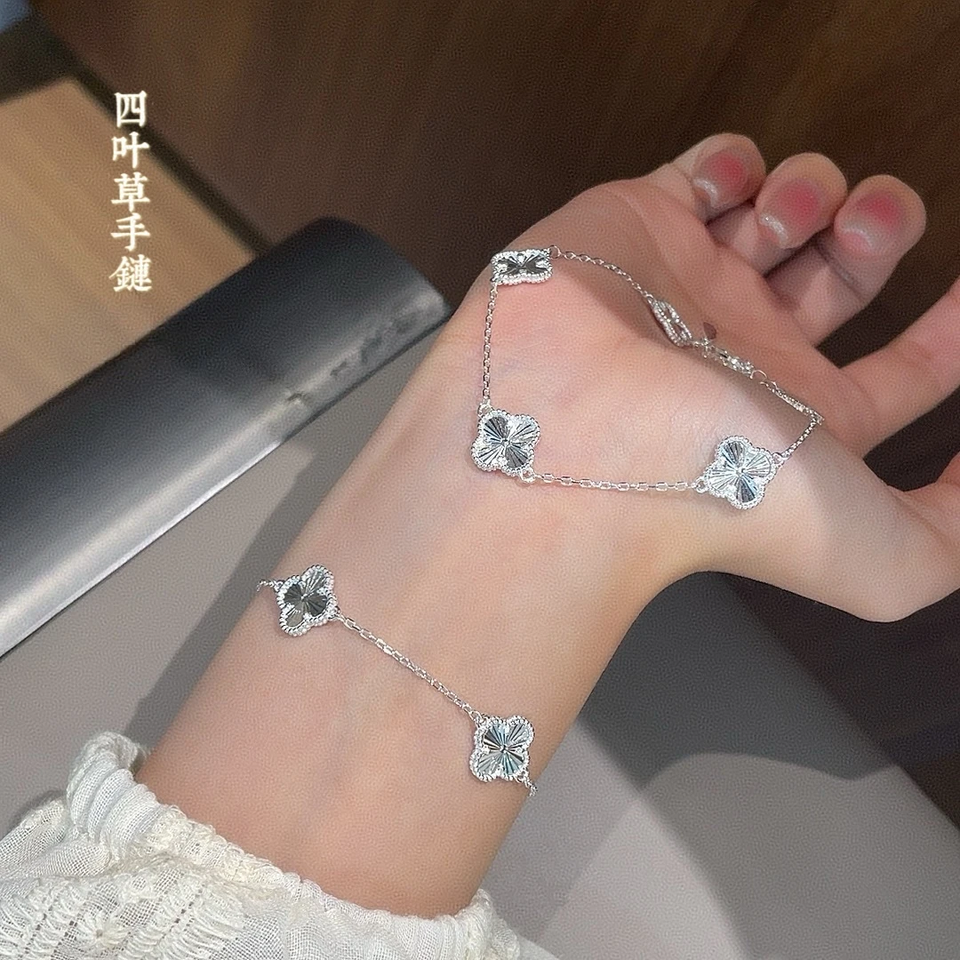 足银珐琅手链 四叶草纯银手链女990足银轻奢精致镭射五花手饰礼物