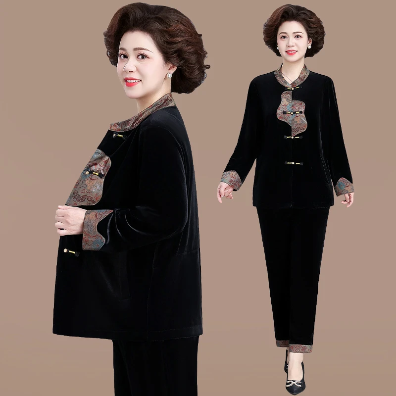 妈妈秋装金丝绒套装2025新款中老年人女春秋外套新中式国风上衣女