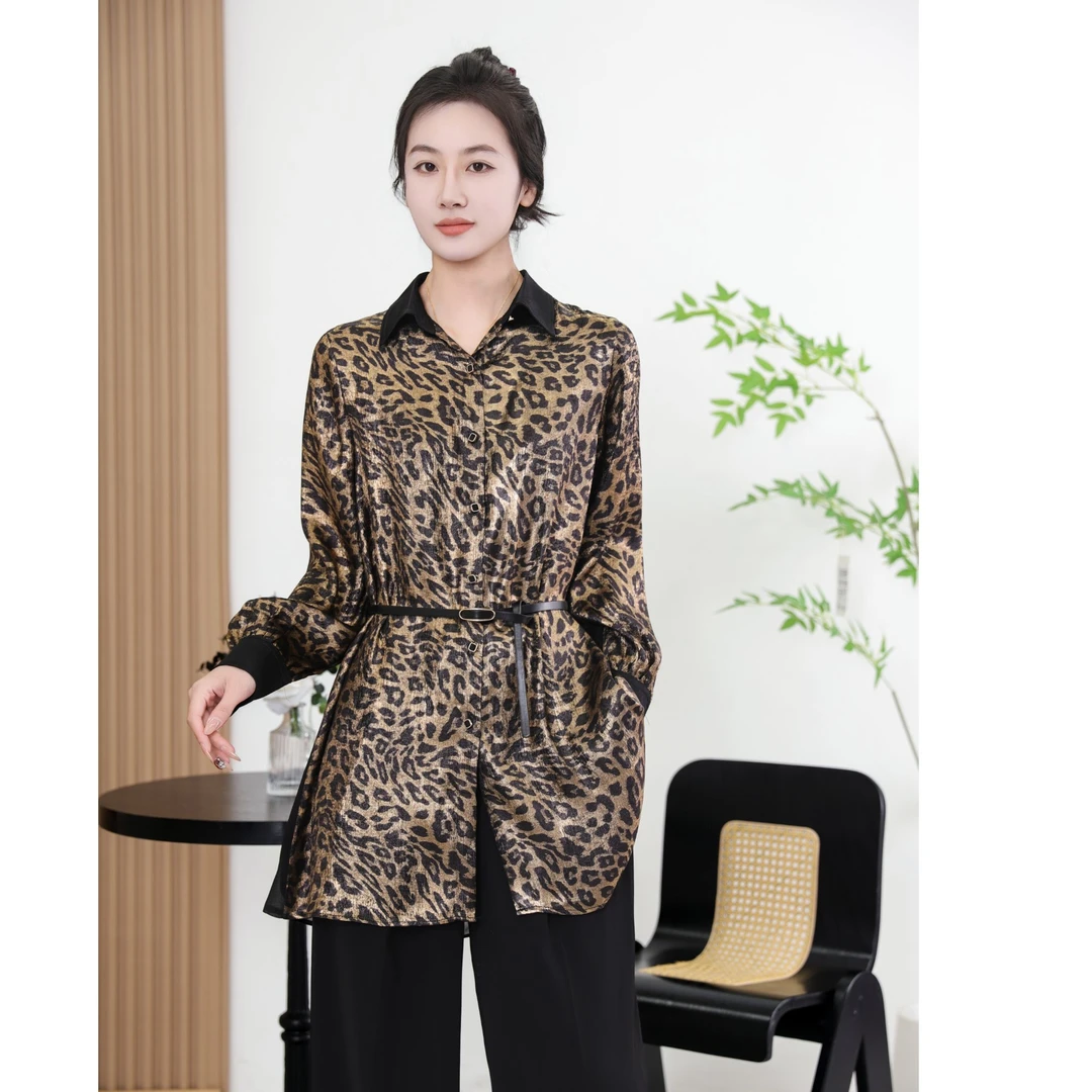 JYC2509（聚水潭）豹纹立体装饰衬衫领长袖衬衫春秋中长款女士衬衫