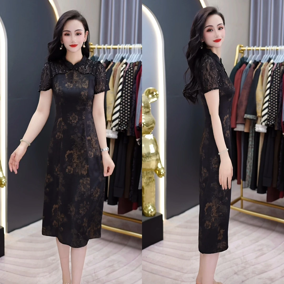 2025夏季新中式供缎暗纹提花手工刺绣双向勾花锁边复古改良旗袍裙
