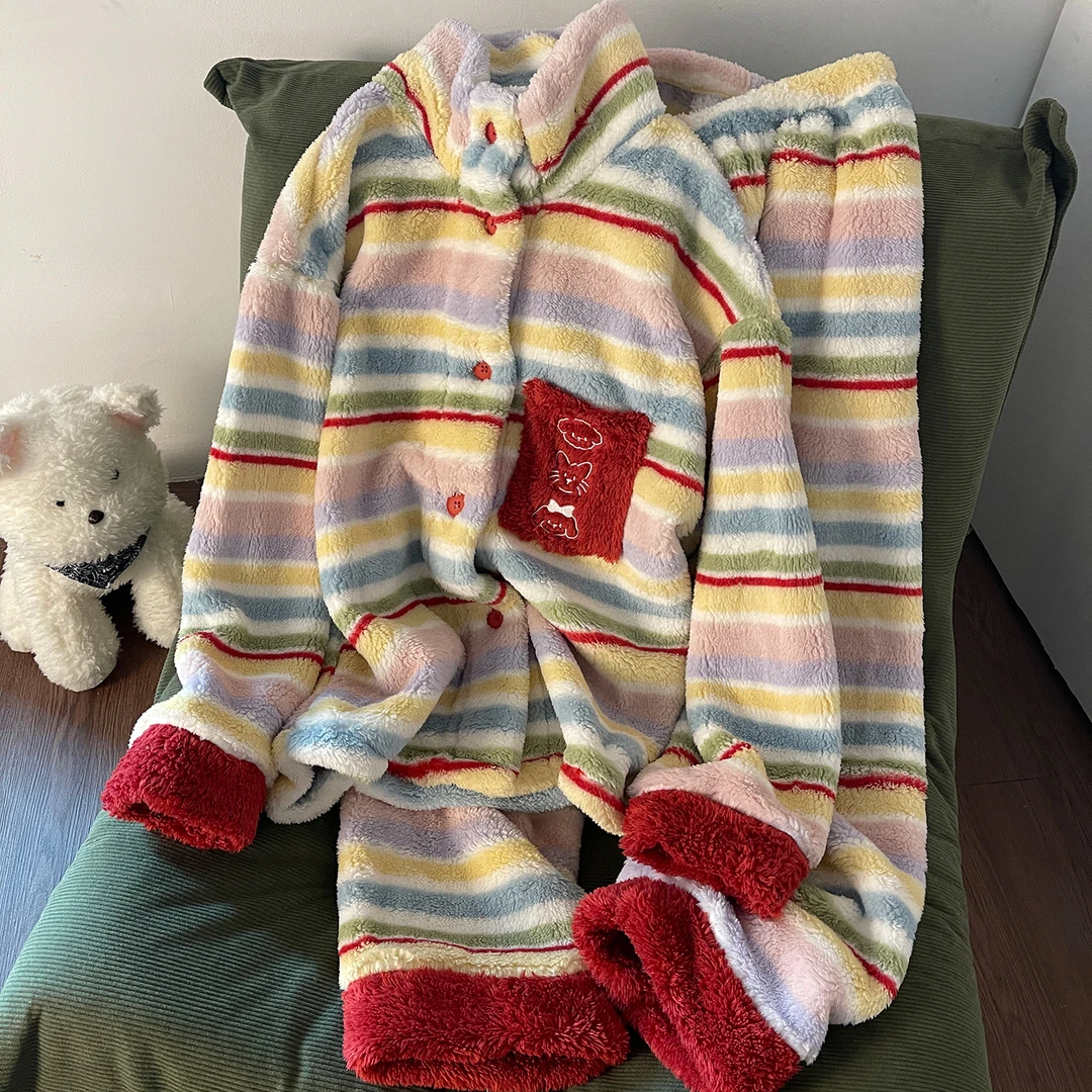 2025新款彩色条纹睡衣女冬季长毛绒高领加厚保暖珊瑚绒家居服套装