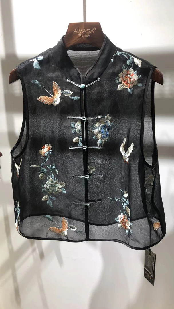 中长款传统中国风圆领刺绣女马夹提花立领欧若智性风