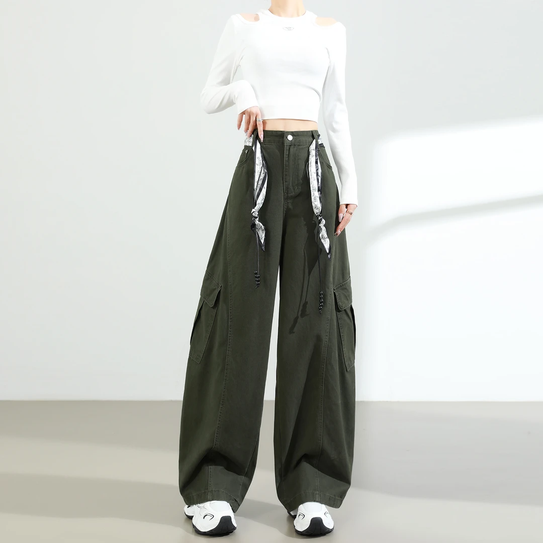 美式休闲工装裤女秋冬季加绒高腰显瘦设计感直筒百搭阔腿弯刀裤子