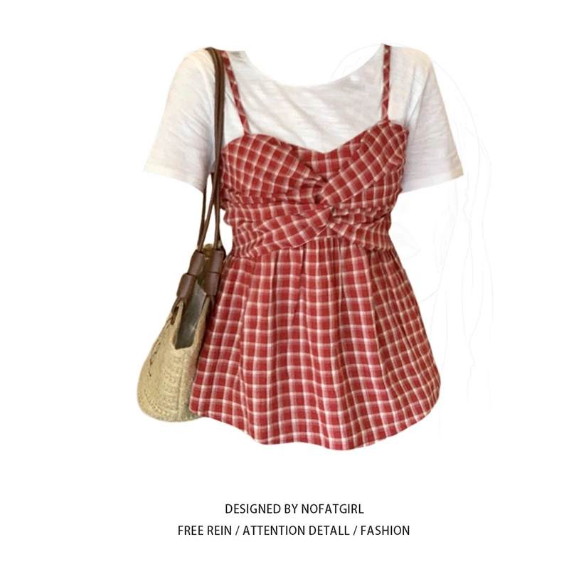 大码胖mm新款拼接吊带设计感假两件韩版显瘦格子短袖T恤上衣女夏