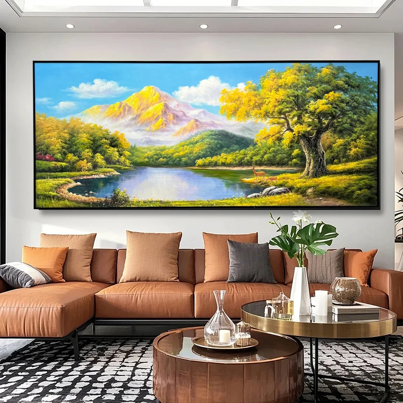 《溪畔鹿鸣2》轻奢风日照金山客厅装饰画沙发背景墙客厅背景墙挂画