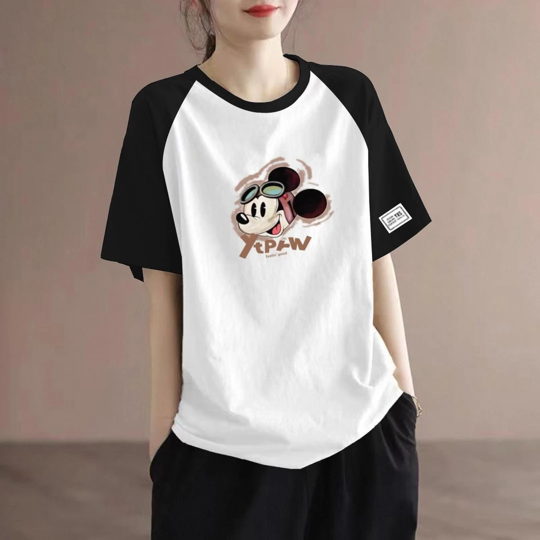 100%纯棉短袖插肩t恤女夏季新款宽松减龄设计感拼接撞色休闲上衣