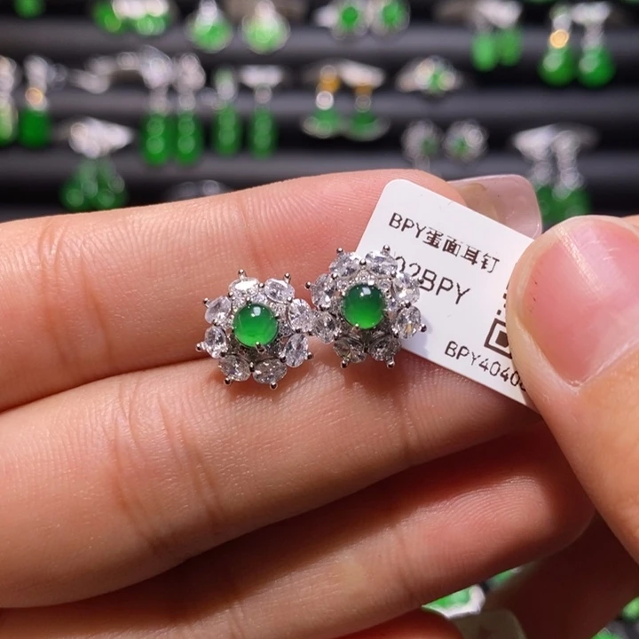 翡翠耳饰银S925镶嵌天然翡翠