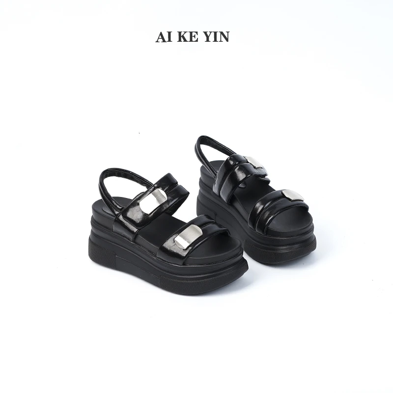 【艾珂茵】春夏季新款圆头厚底金属后气质百搭舒适坡跟高跟鞋凉鞋