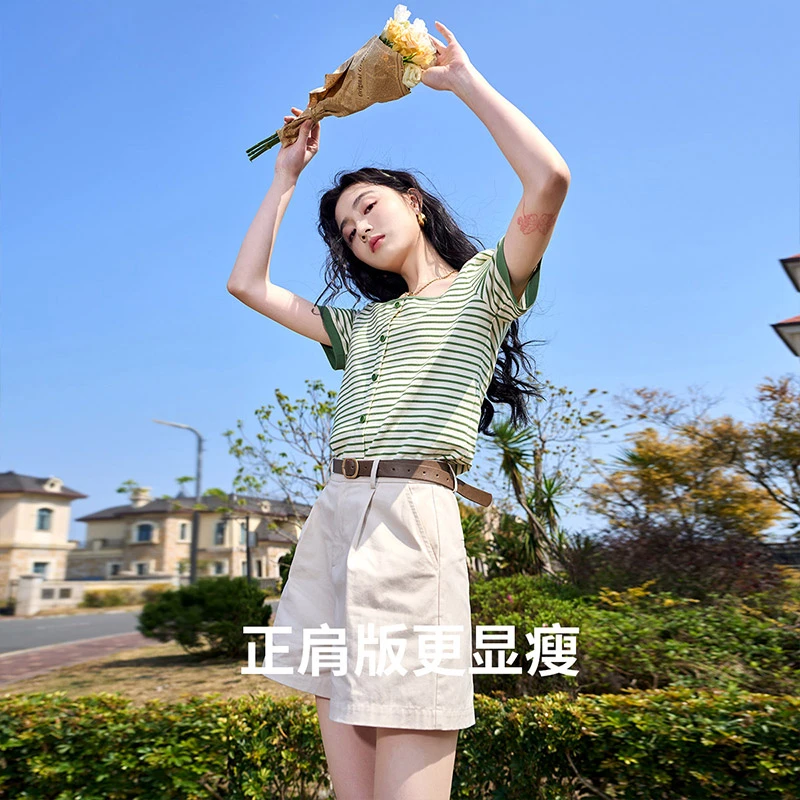 【直播专享】X832123 T恤 香影条纹t恤女短袖夏装新款显瘦宽松正