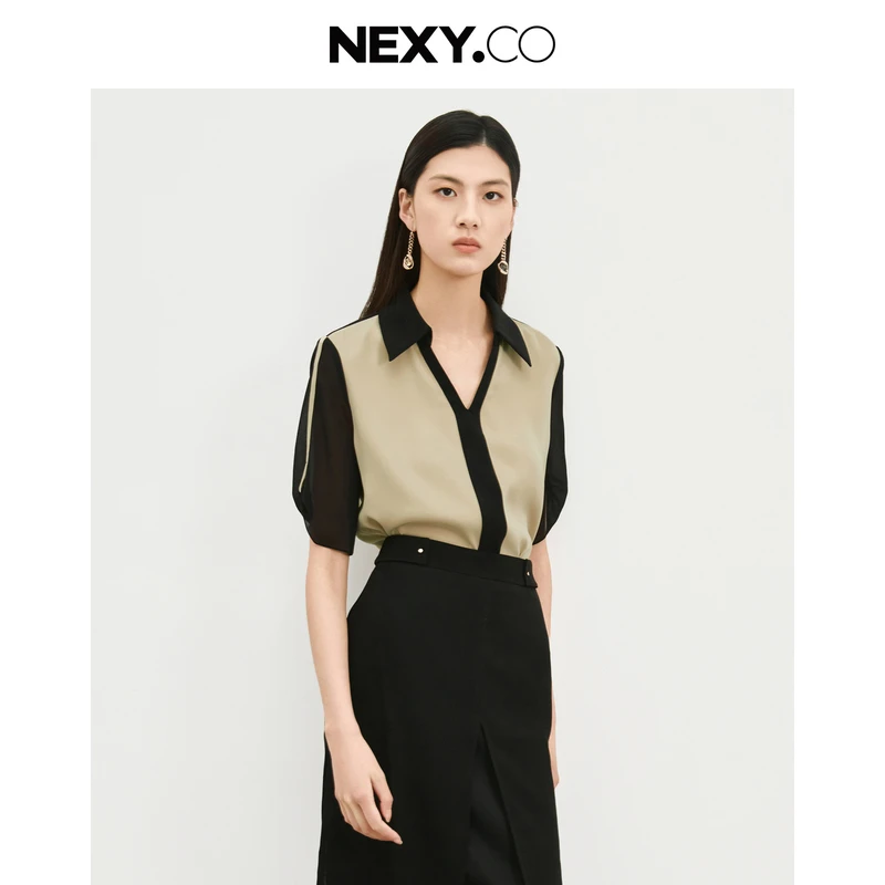 【婷婷专属】NEXY.CO/奈蔻上衣气质拼色V领衬衫女小众女士XD02051D1