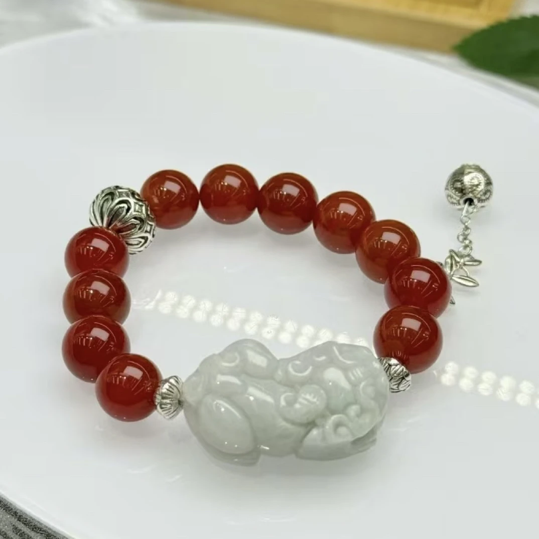 国风新中式天然翡翠红翡翠配白貔貅手串精美清新国潮