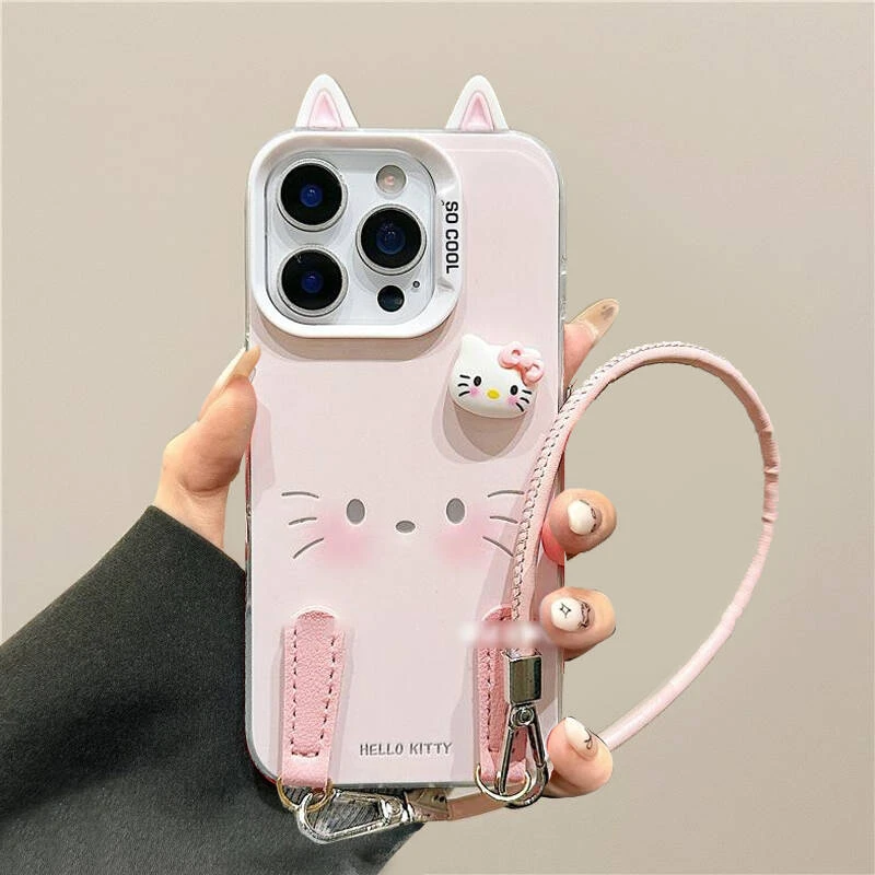 适用简约线条kitty挂绳苹果16promax手机壳华为oppovivo小米可爱