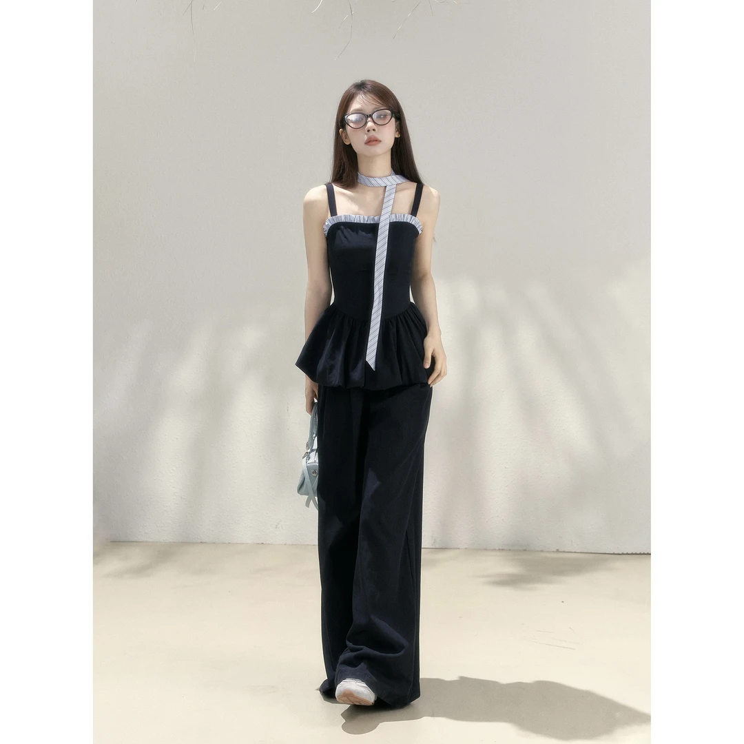 【小野莓】吊带拼接撞色上衣休闲宽松阔腿长款气质女套装 BC98255