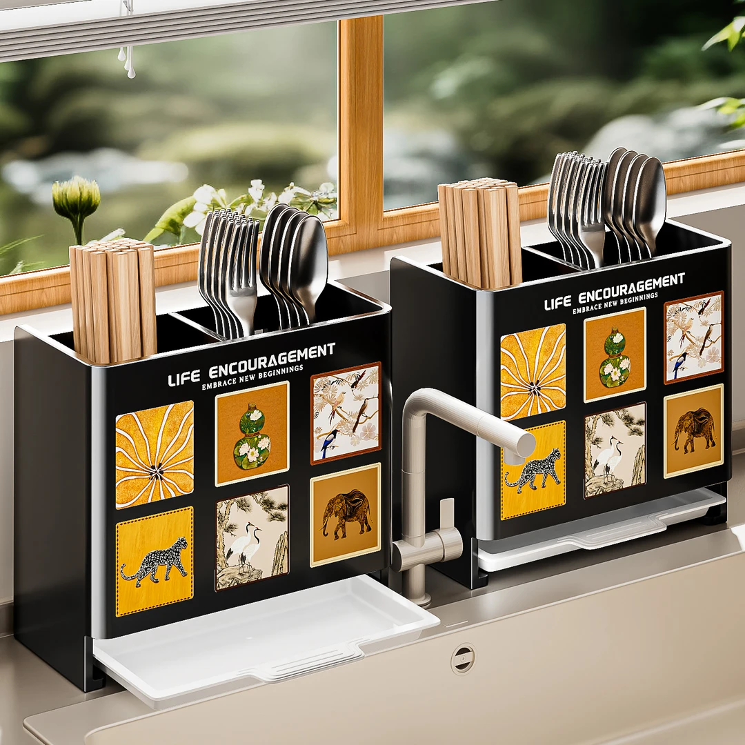 新款中古风筷笼家用多功能免打孔壁挂式沥水筷桶台面刀筷勺收纳架